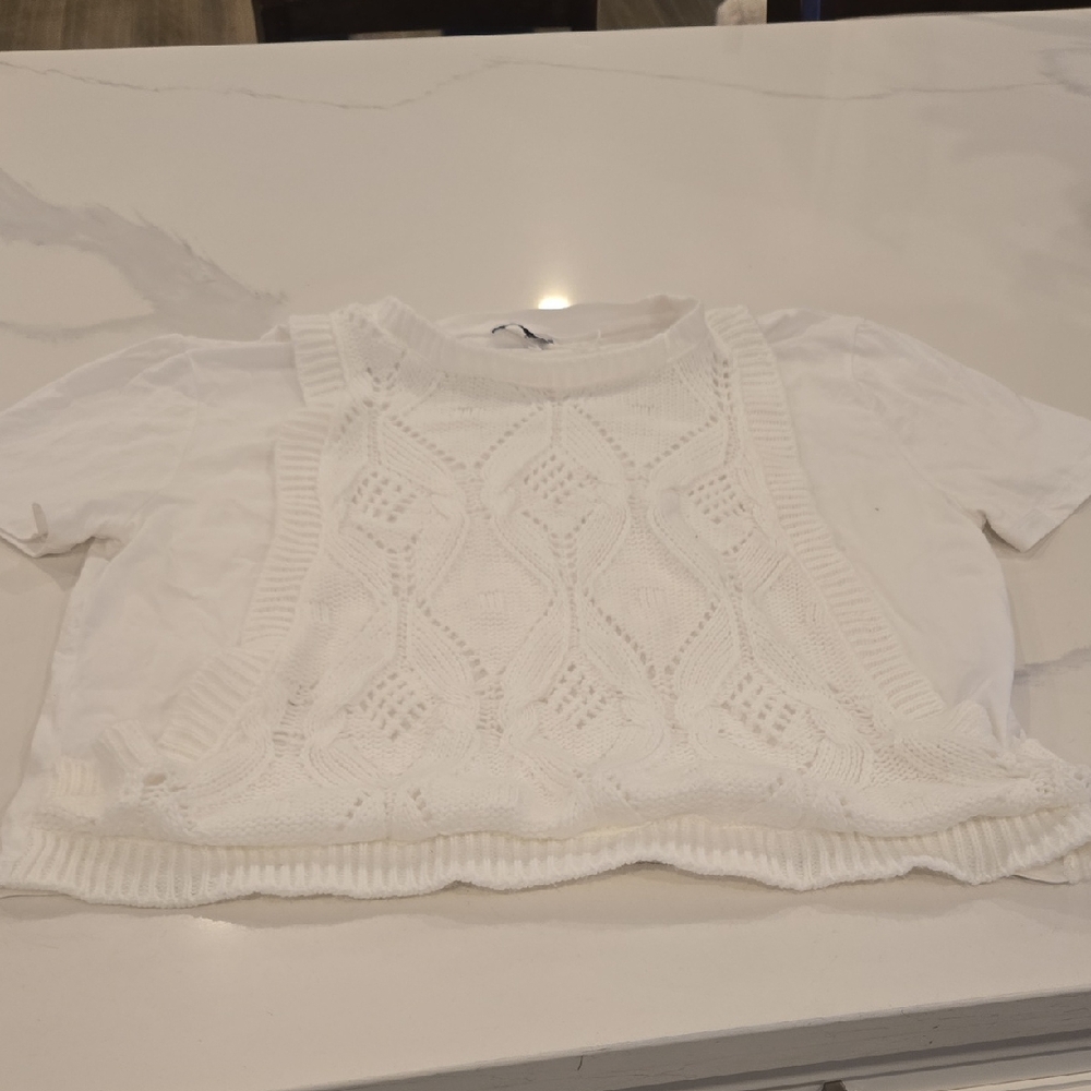 Zara White Layered Knit Short Sleeve Tee